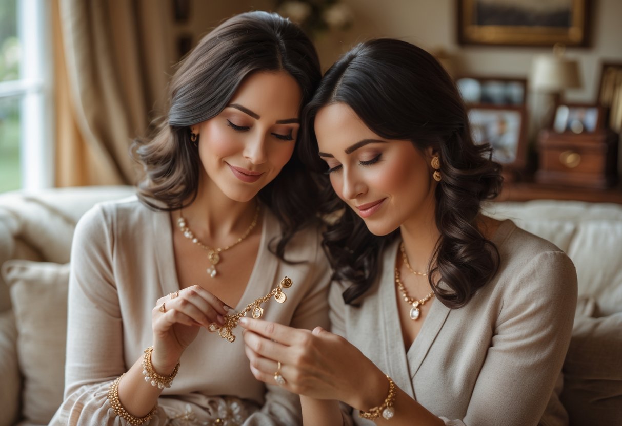 Two women sitting closely together, one holding a delicate piece of jewelry, sharing a warm and loving moment.