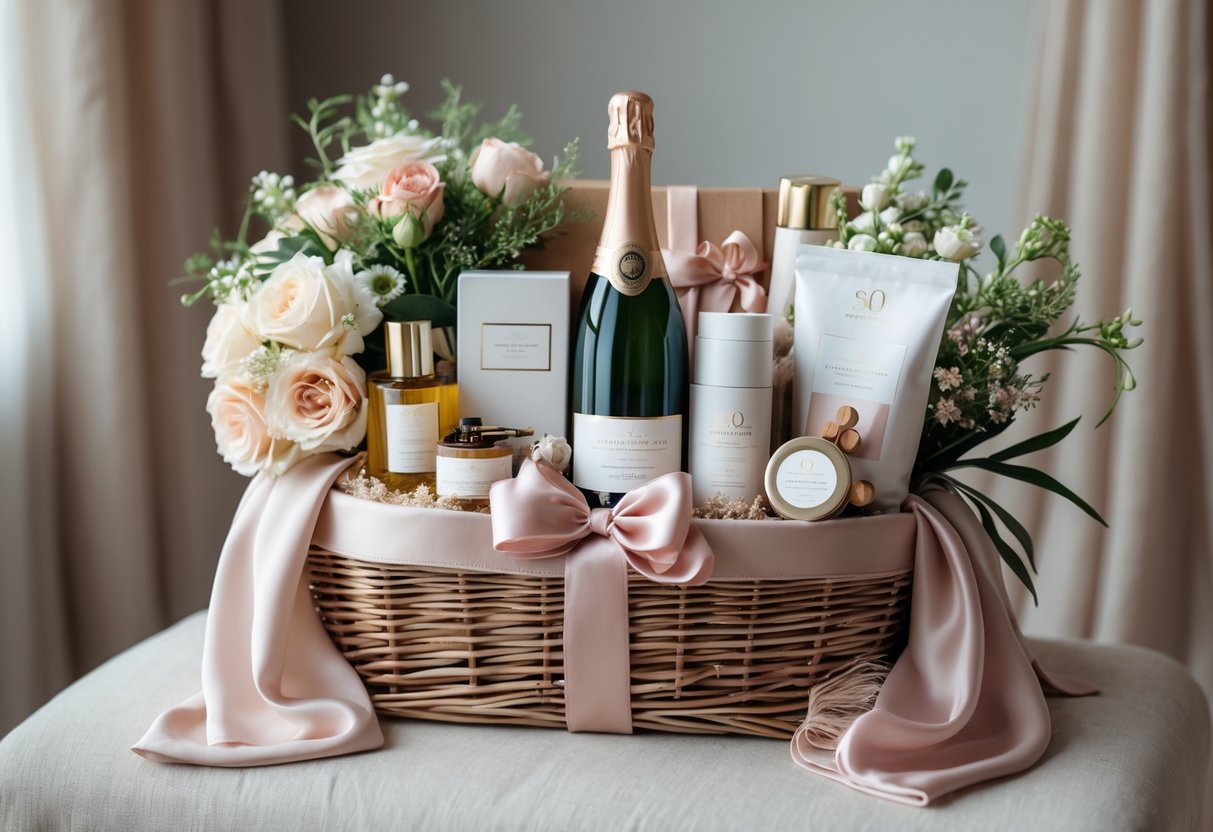 A beautifully arranged gift basket with wine, chocolates, flowers, skincare products, and a silk scarf on a neutral surface.