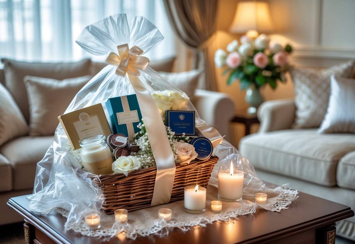 A beautifully arranged gift hamper with chocolates, candles, a silk scarf, skincare products, and flowers on a wooden table in a cozy living room.