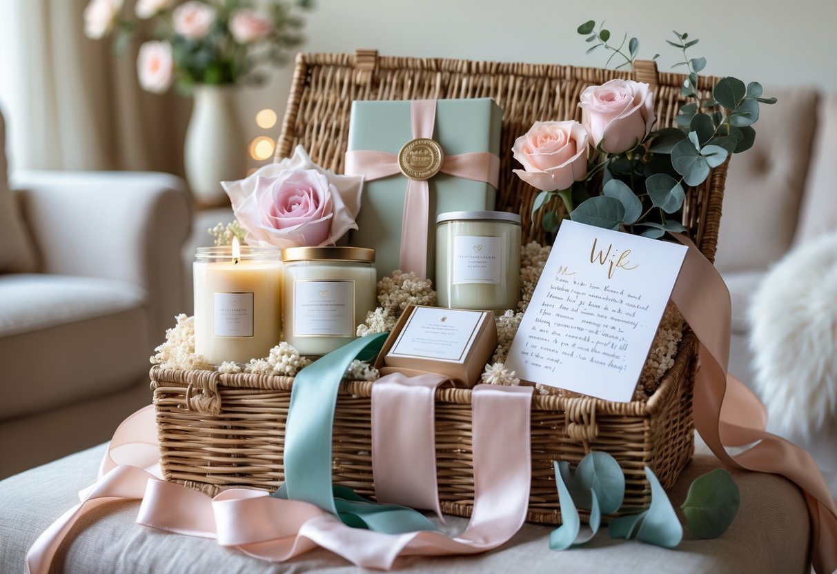 An elegant gift hamper with candles, chocolates, a silk scarf, jewelry box, and flowers arranged in a woven basket on a cozy living room table.