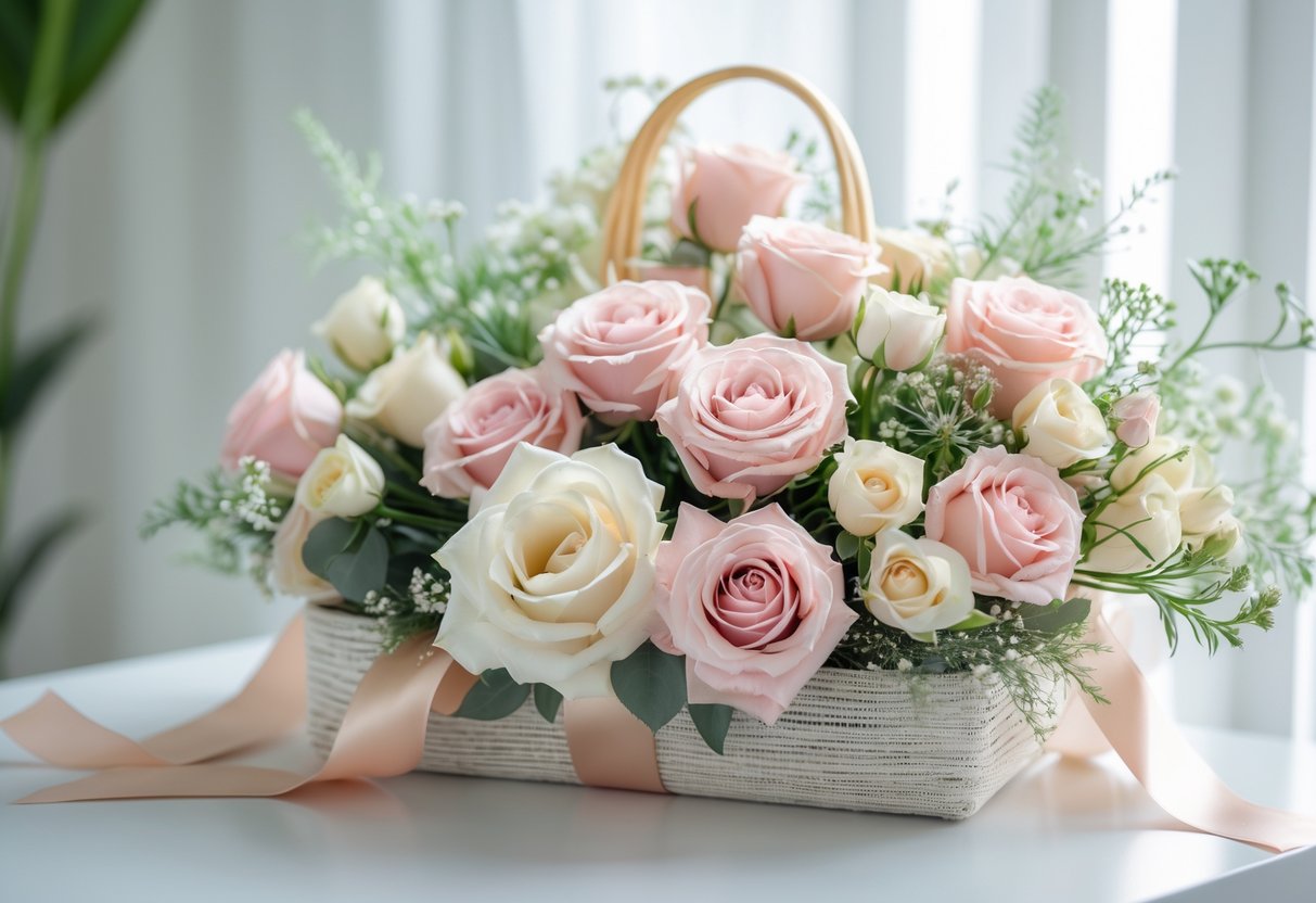 A beautifully arranged gift hamper with roses and flowers in a decorative box on a light surface.