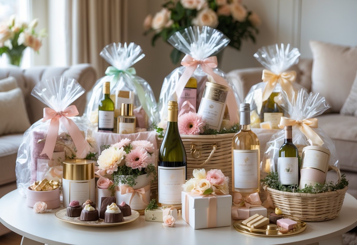 A set of elegant gift hampers filled with chocolates, wine, candles, skincare products, and flowers arranged on a table in a warm, cozy room.