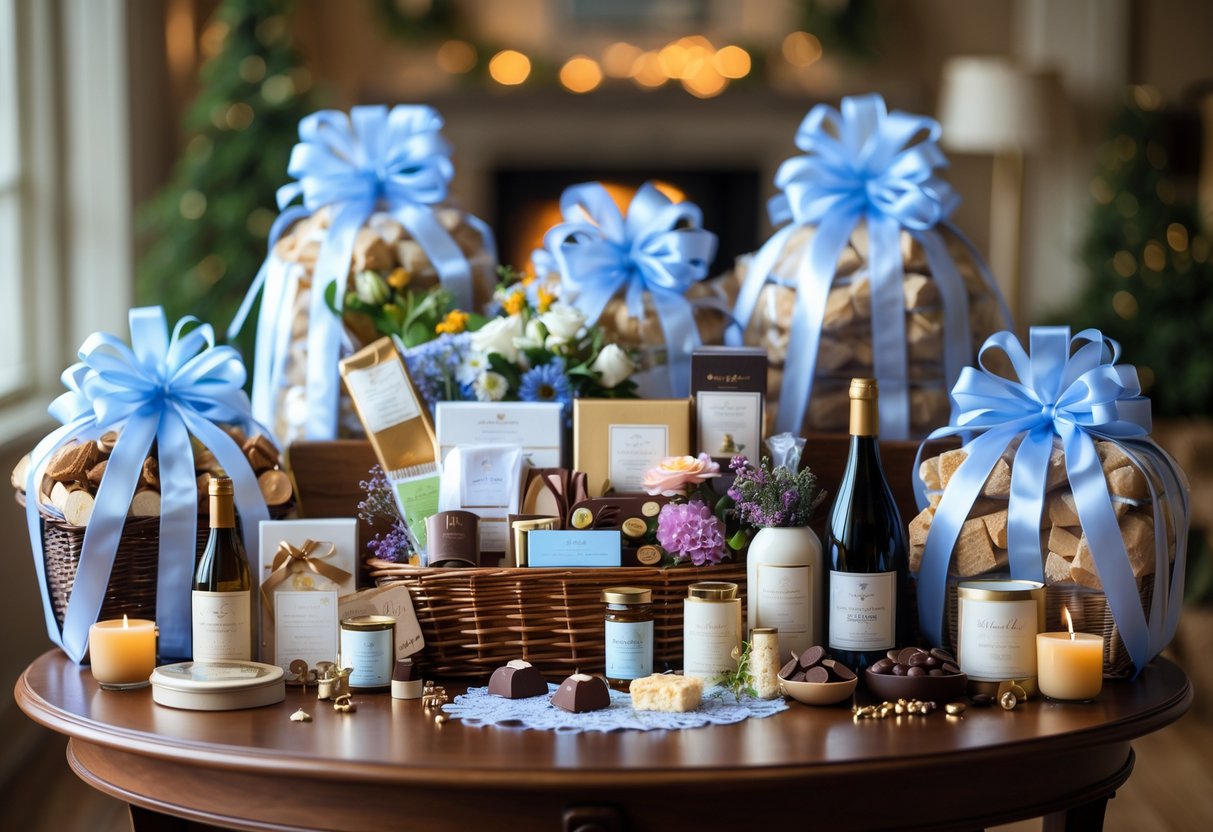 A table displaying several elegant gift baskets filled with chocolates, candles, spa items, wine, and flowers.