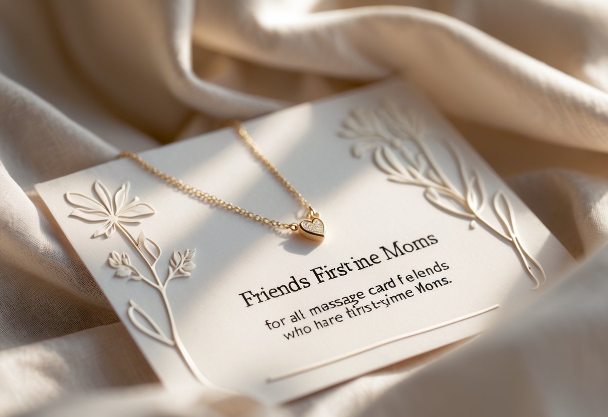 A delicate jewelry message card with a small charm necklace placed on soft fabric, symbolizing friendship and new motherhood.