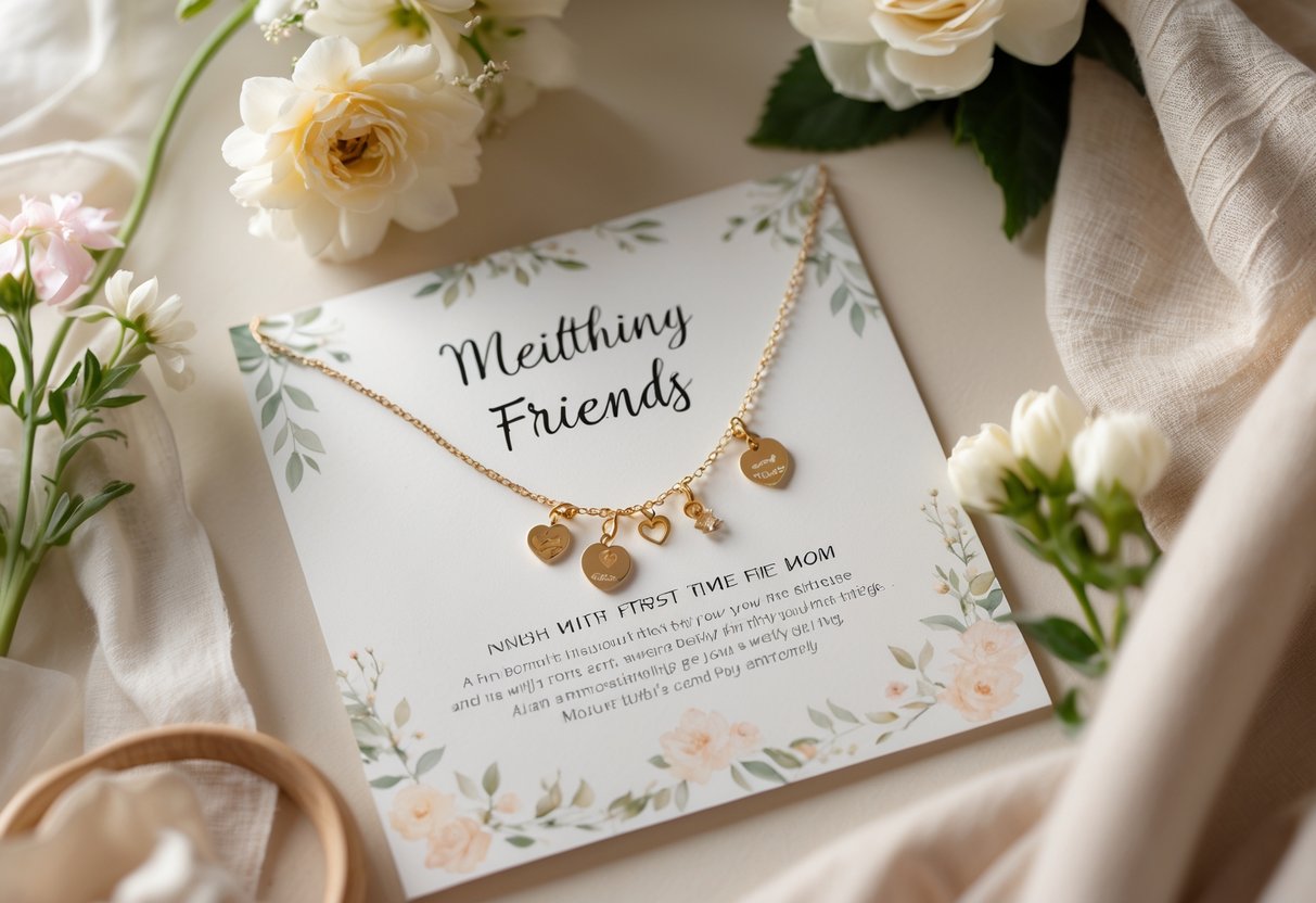 A message card and delicate jewelry arranged together with flowers and soft fabrics, symbolizing a gift for a friend who is a first-time mom.