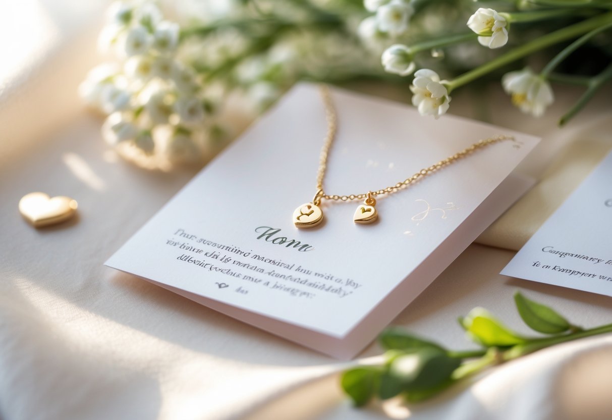 Close-up of a jewelry gift set with a necklace and bracelet next to a message card, arranged on a soft surface with flowers nearby.