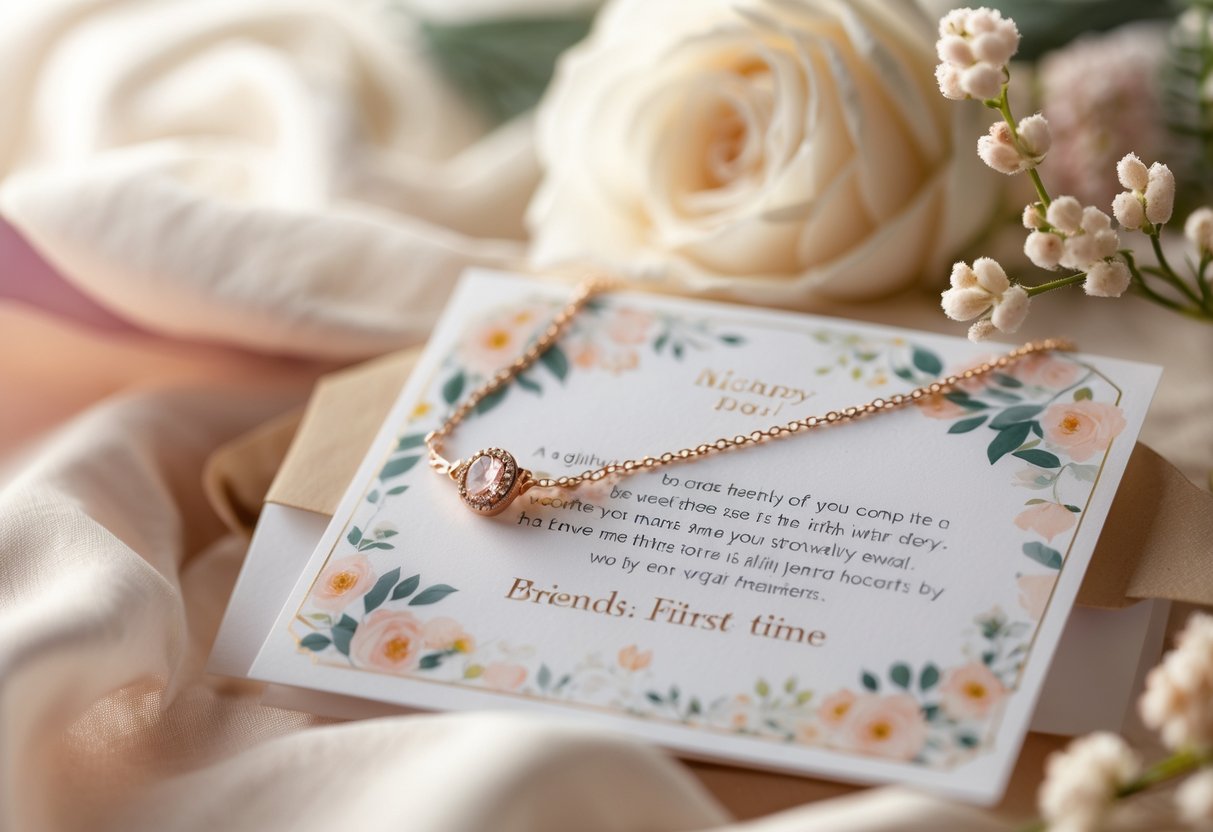 Close-up of a delicate jewelry piece displayed next to a message card with soft floral accents.