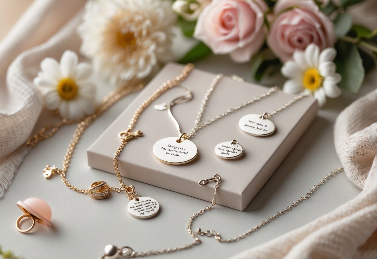A close-up of elegant personalized jewelry pieces arranged with flowers and baby items, symbolizing friendship and new motherhood.