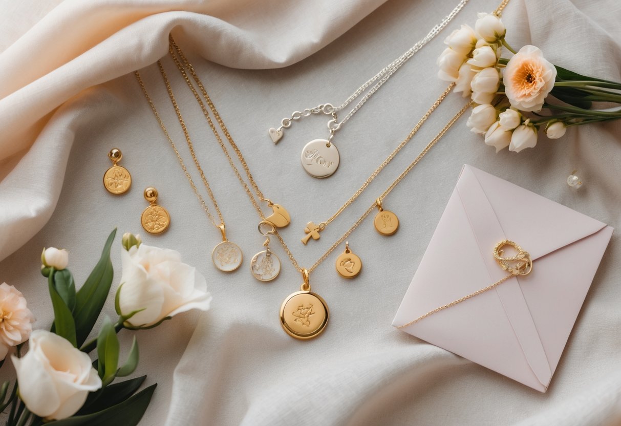 A collection of delicate jewelry including necklaces, earrings, and bracelets arranged with flowers and a card on a soft fabric background.