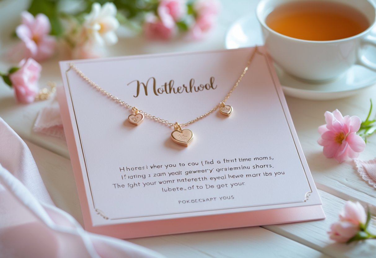 Close-up of delicate jewelry on a pastel message card surrounded by flowers and a cup of tea.