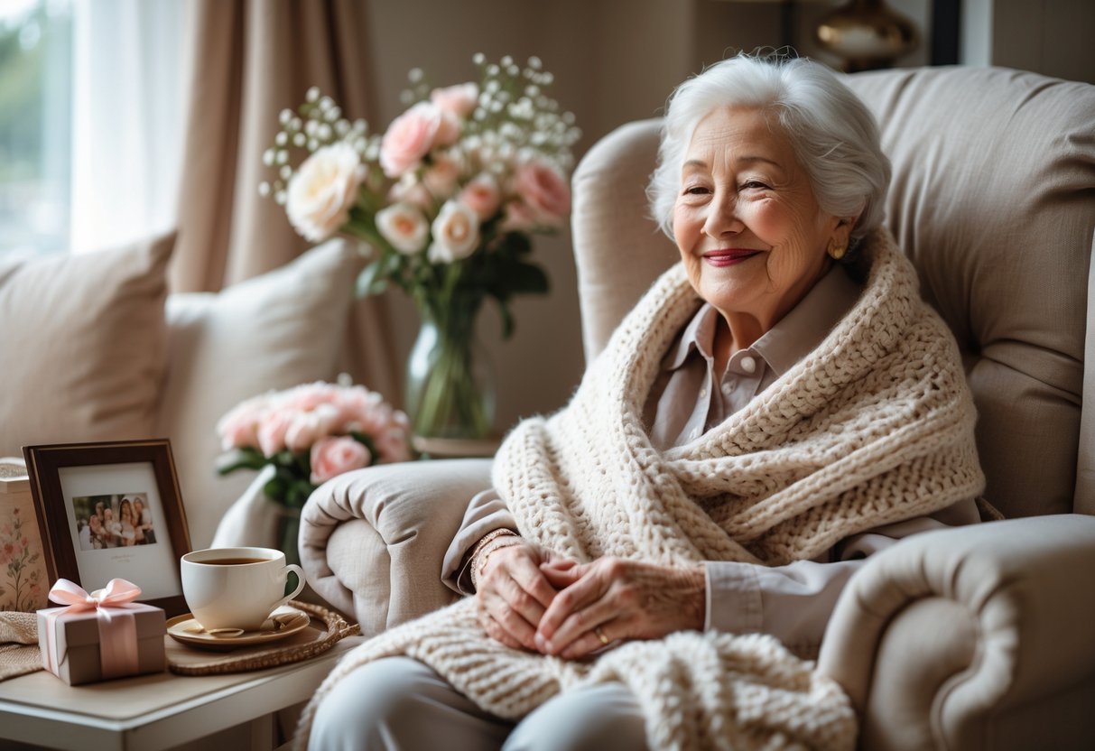 An elderly grandmother sitting in a cozy armchair surrounded by sentimental gifts like a photo album, flowers, and a cup of tea.