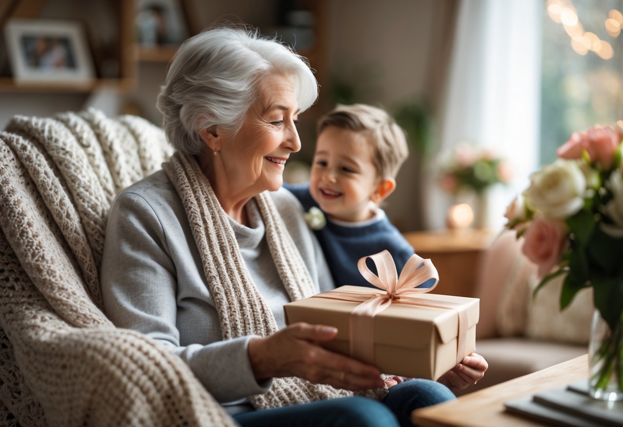 A grandmother and her grandchild share a tender moment as the grandchild gives her a wrapped gift in a cozy, sunlit living room.