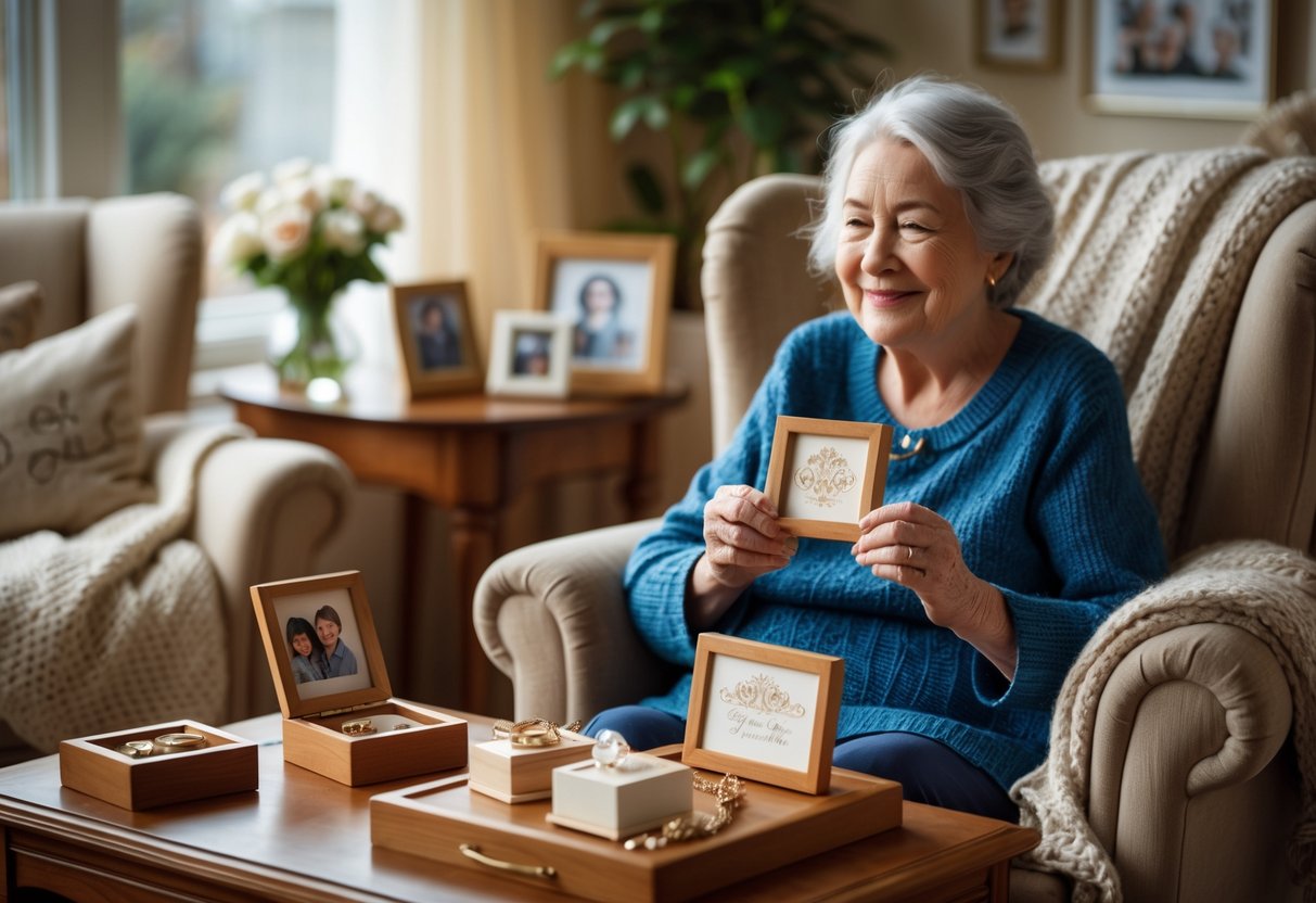An elderly woman sitting in a cozy living room holding a personalized keepsake, surrounded by family photos and sentimental items on a wooden table.