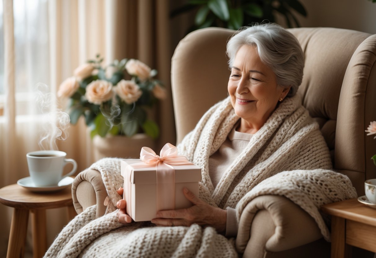 A grandmother sitting in a cozy armchair wrapped in a blanket, holding a wrapped gift and smiling in a warm living room.