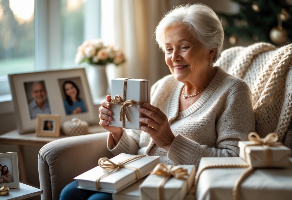 A grandmother sitting in a cozy living room holding a sentimental gift, surrounded by family photos and warm decorations.