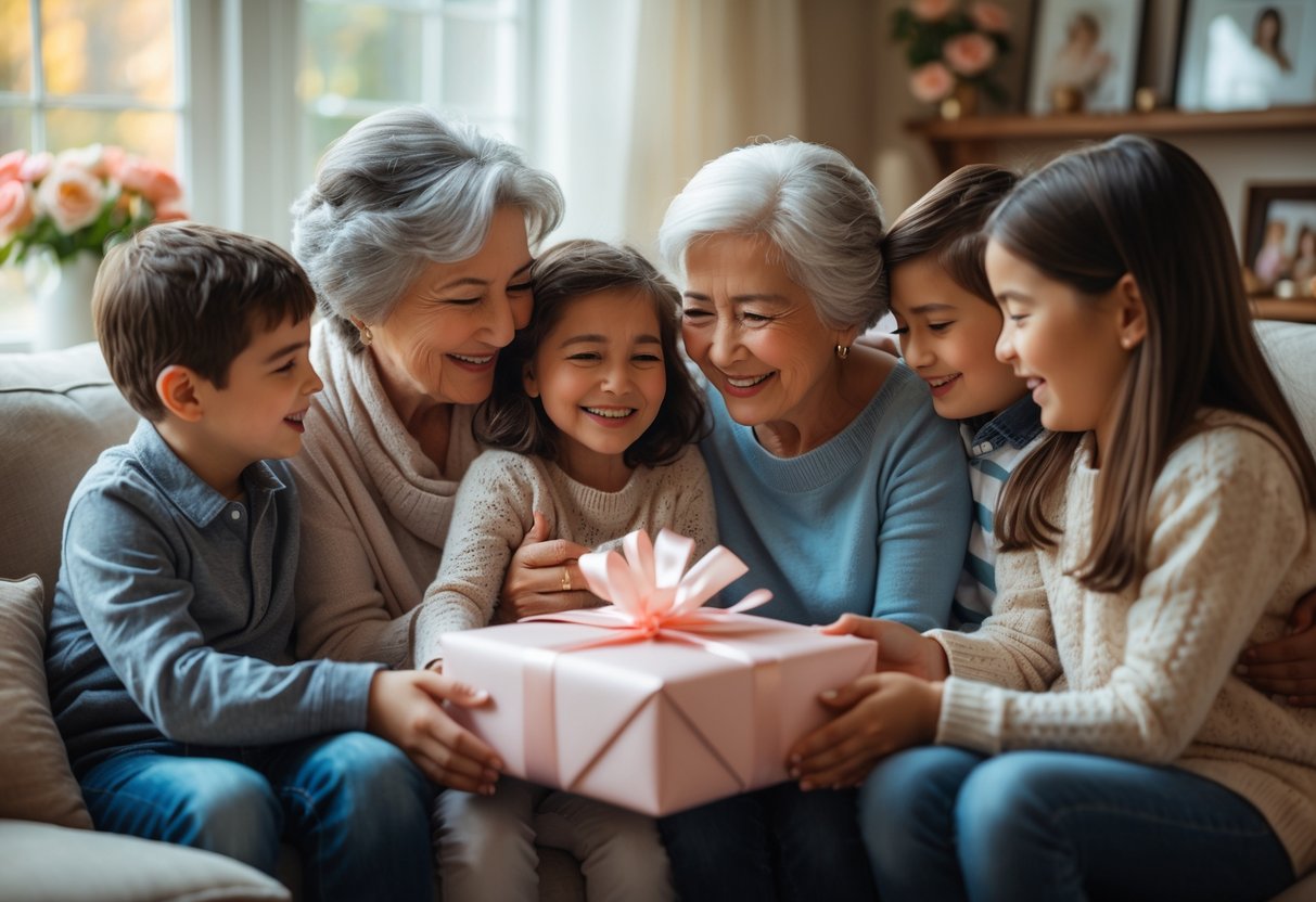 A grandmother receiving a heartfelt gift from her family in a cozy living room, with everyone smiling and embracing warmly.