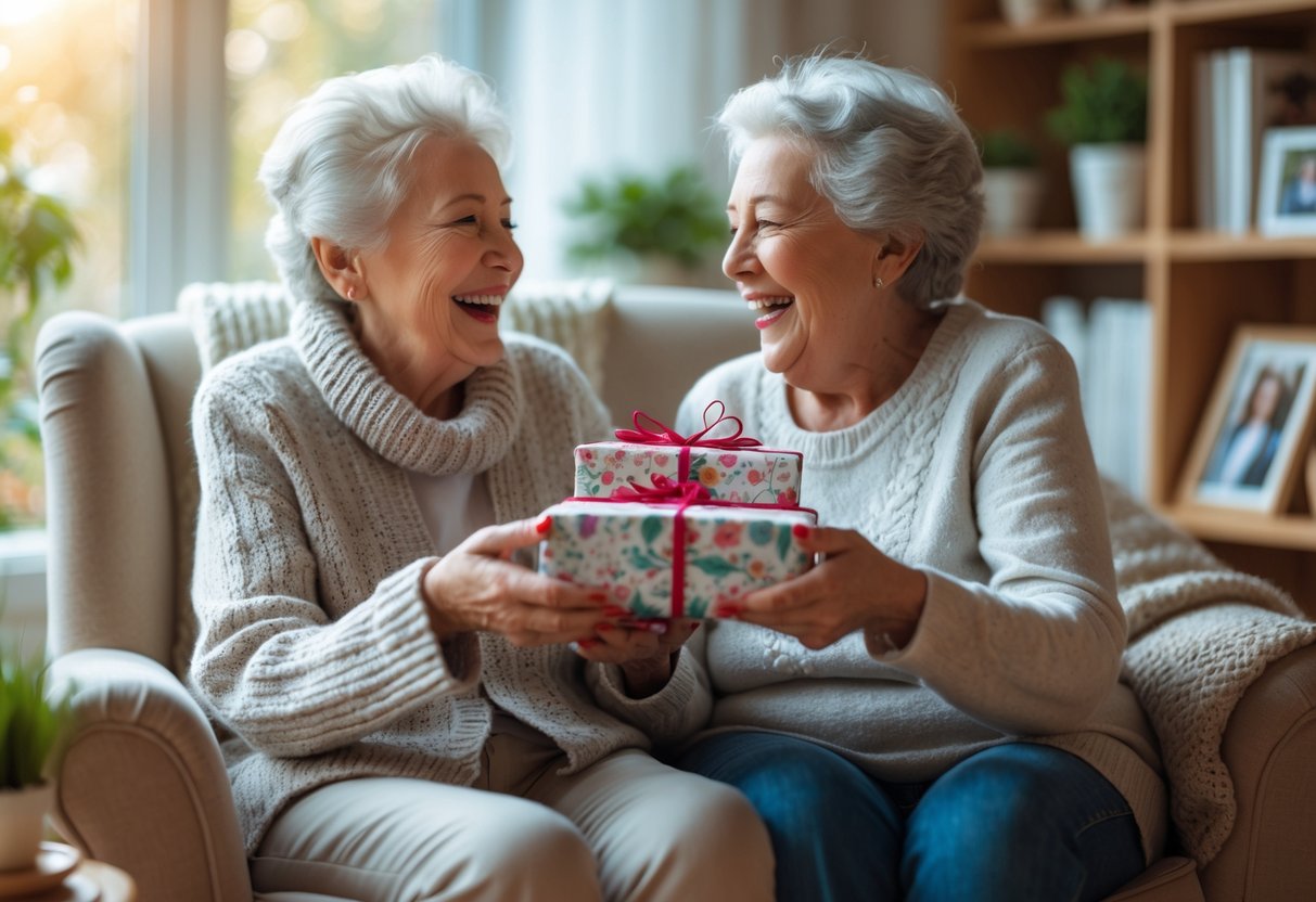 An elderly grandmother happily receiving a handmade gift from her grandchild in a cozy living room.