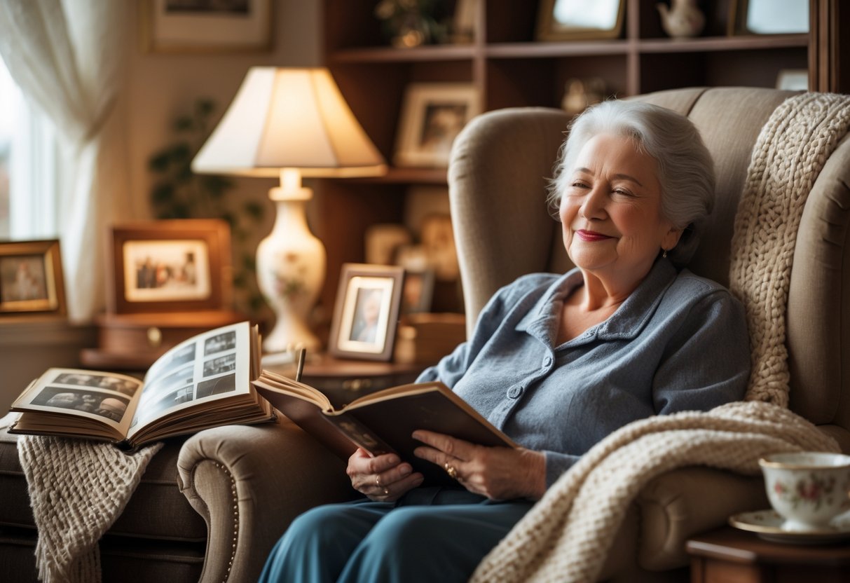 A grandmother sitting in a cozy living room surrounded by nostalgic gifts like a photo album, knitted blanket, and teacup.