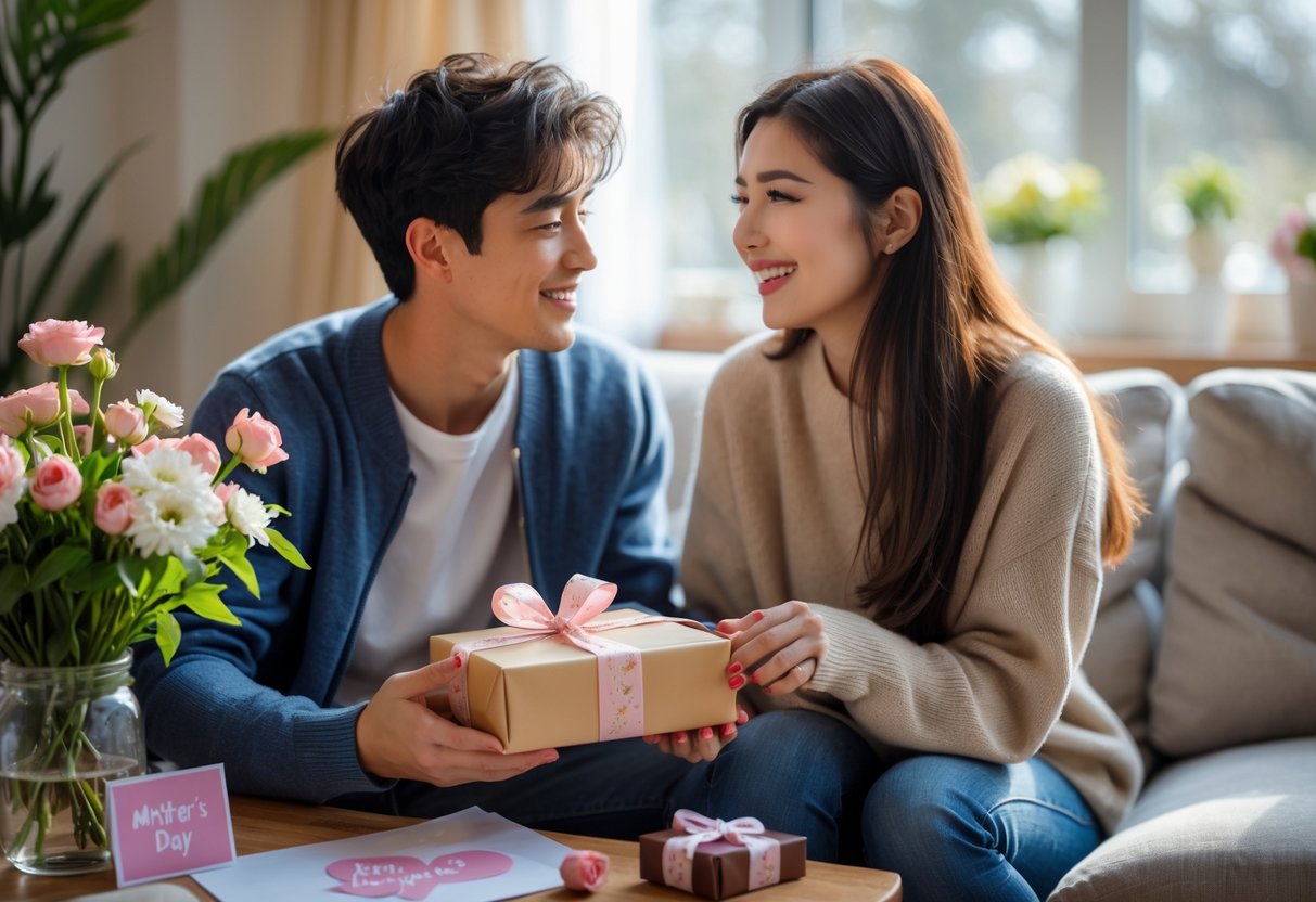 A young couple in a cozy living room, the man giving a wrapped gift to the smiling woman, surrounded by flowers and a greeting card.