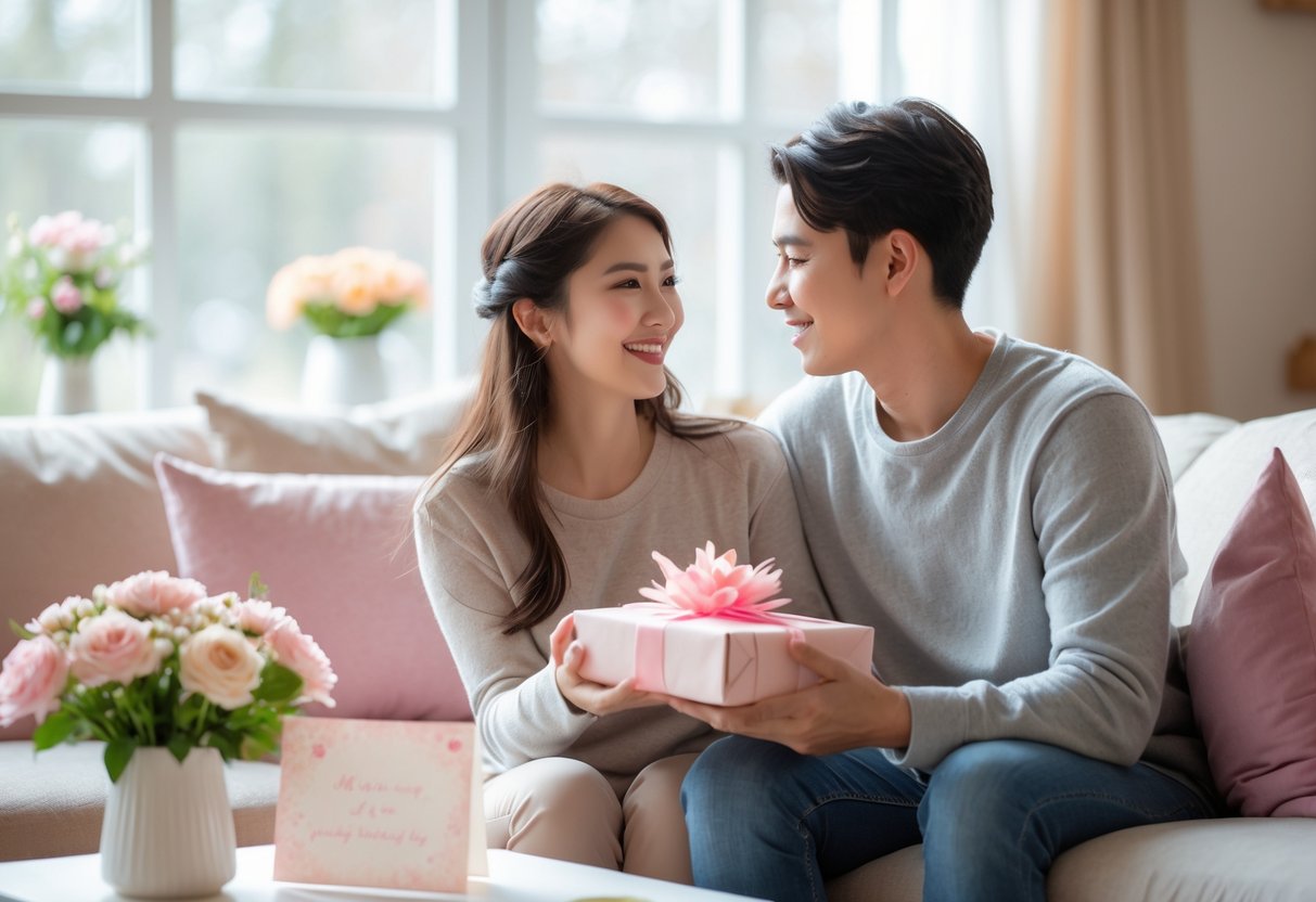 A young couple in a cozy living room, the woman happily receiving a wrapped gift from her partner while sitting close together on a sofa.