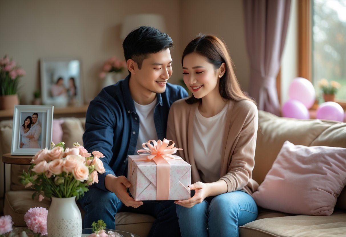 A young couple in a cozy living room as the man gives a wrapped gift to the woman, who looks happy and surprised.