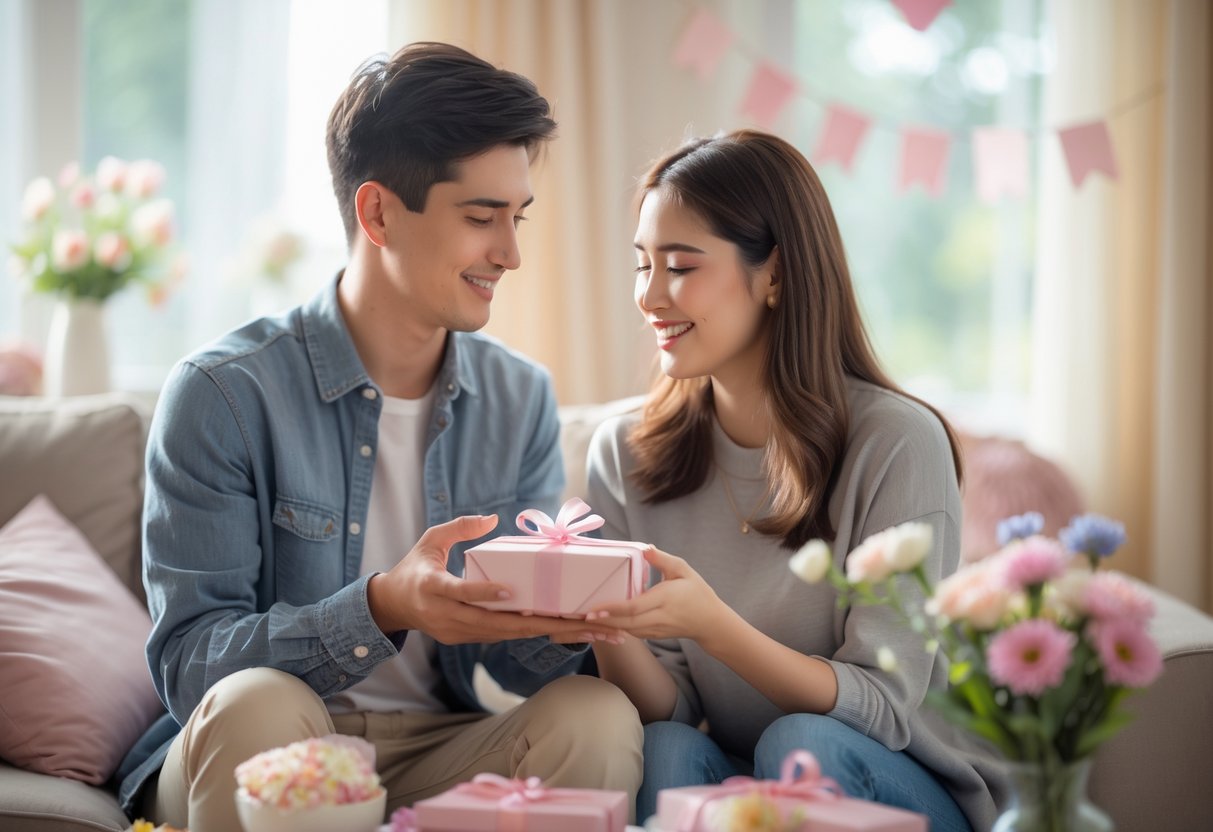 A young couple sharing a tender moment as the man gives a wrapped gift to the woman, celebrating their first Mother's Day together in a cozy room.