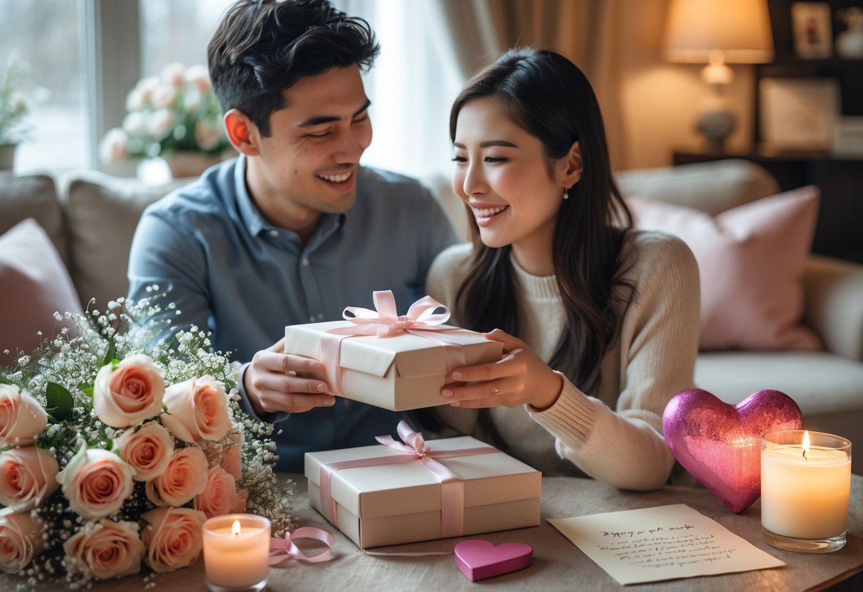 A young couple in a cozy room, the man giving a wrapped gift to the woman, surrounded by flowers, chocolates, and a candle.