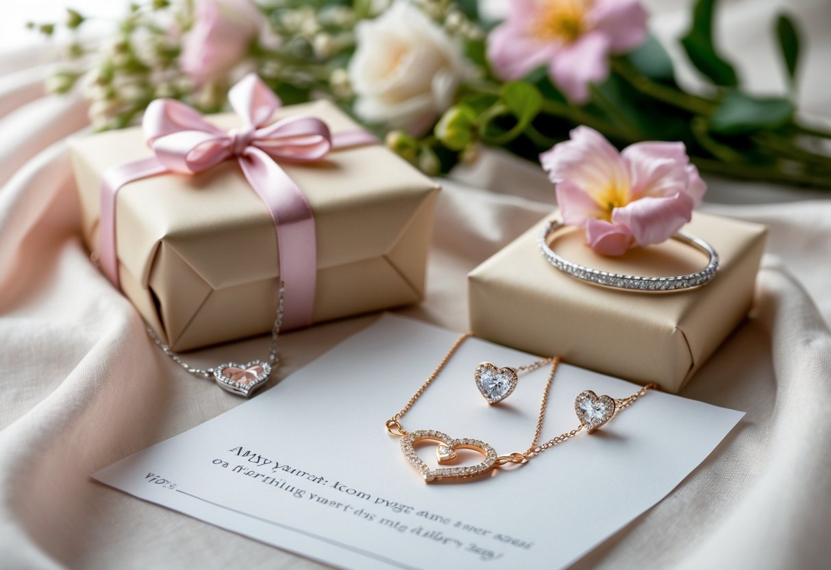 Jewelry gifts including a necklace, earrings, and bracelet arranged on soft fabric with flowers and a card in the background.