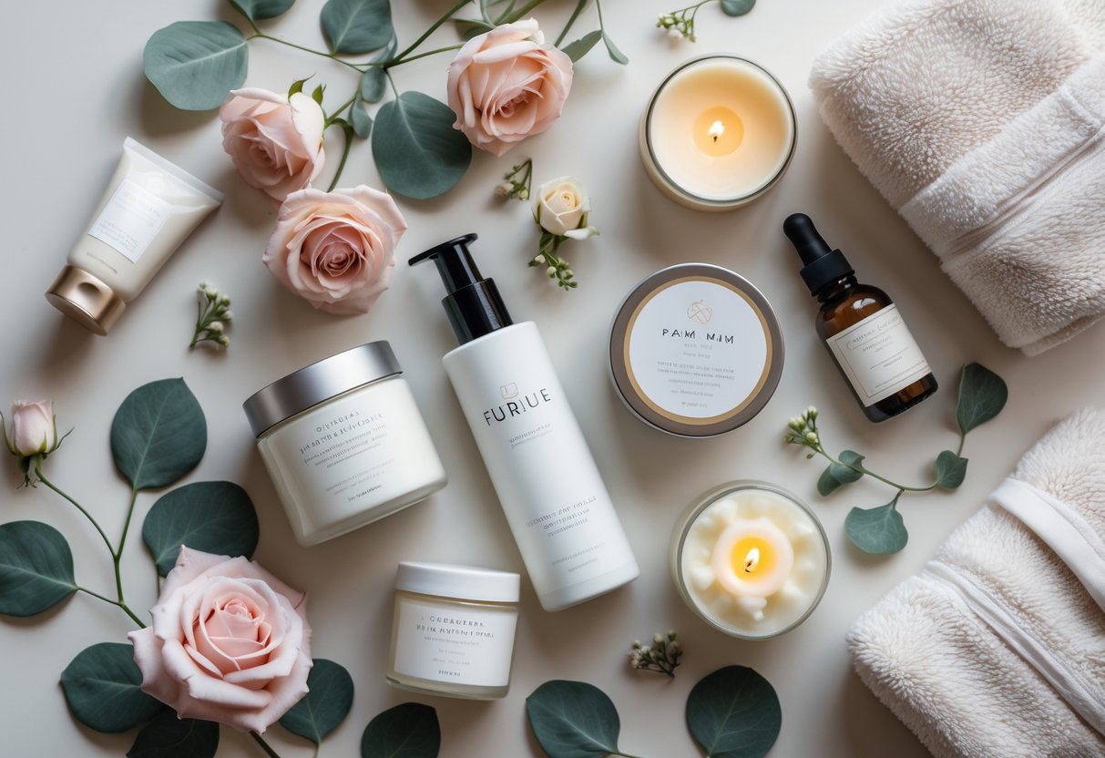 A flat lay of skincare products, candles, bath bombs, flowers, and a towel arranged for a pampering gift.