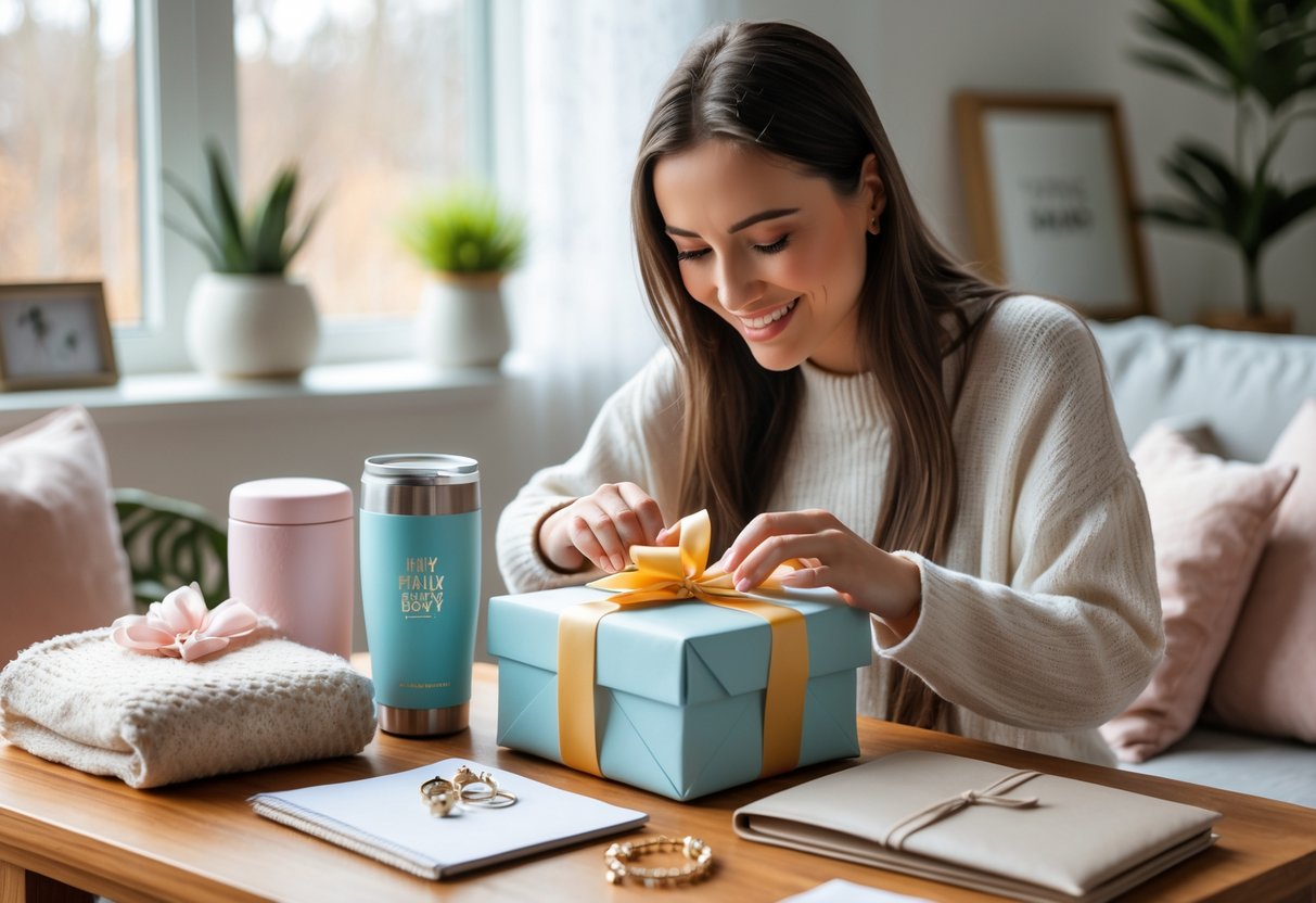 A young woman smiling while unwrapping a gift at home, surrounded by practical and stylish items for everyday mom life.