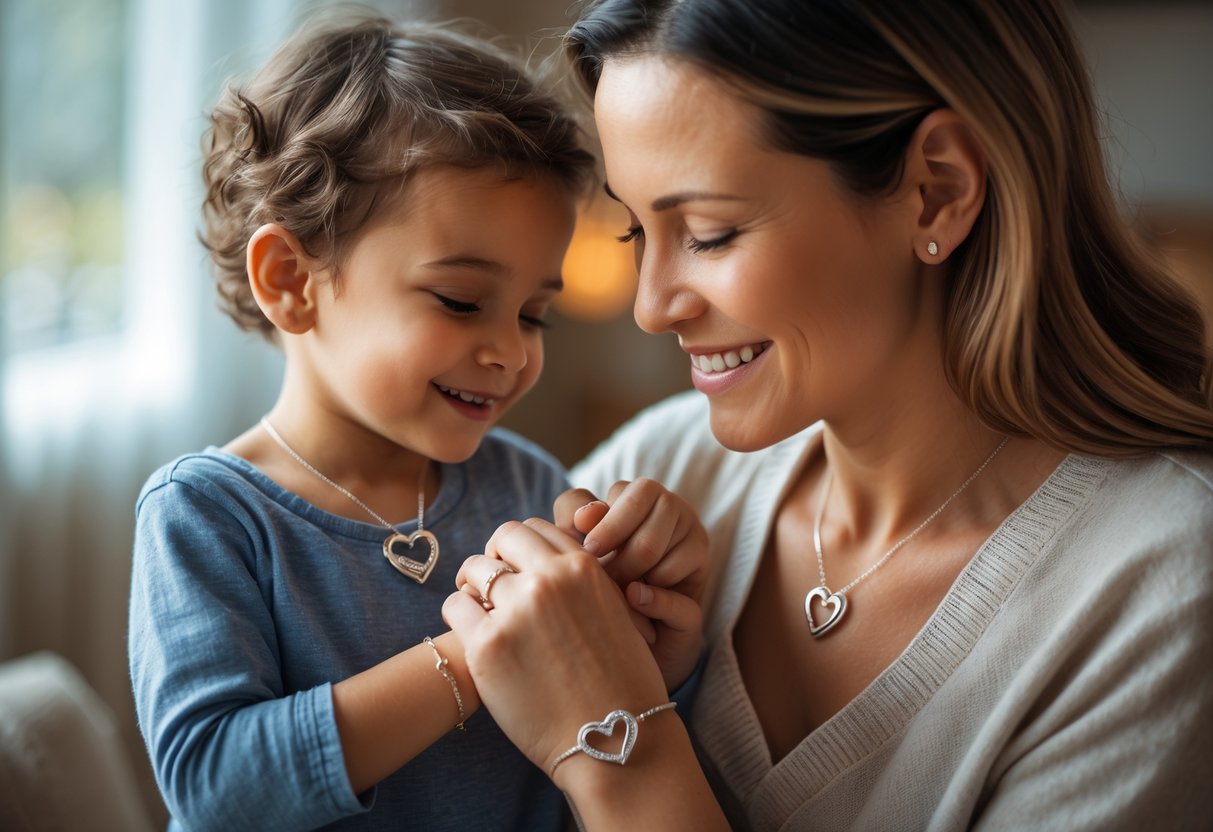 A stepmom gently holding a child's hand, both smiling, with the stepmom wearing a heart-shaped pendant necklace and bracelet.