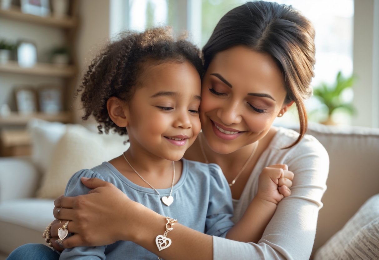 A stepmom warmly hugging a young child, both smiling, with the stepmom wearing meaningful jewelry in a cozy home setting.