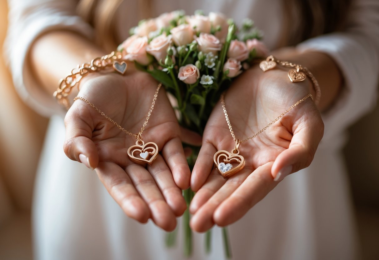 Close-up of a woman's hands wearing heart-shaped jewelry while holding a small bouquet of flowers.