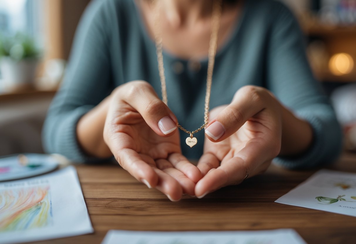 Close-up of a woman holding a delicate piece of jewelry with heart-shaped charms, with a blurred cozy home background suggesting family and love.