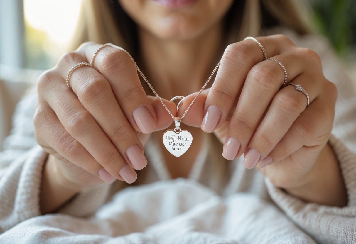 Close-up of a woman's hands holding a heart-shaped necklace, conveying love and care in a warm, softly lit home setting.