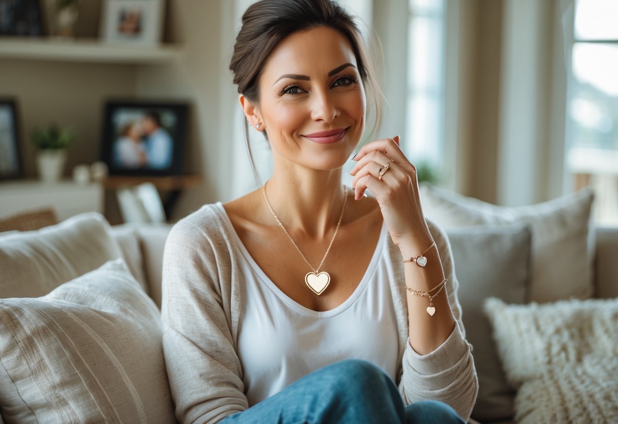 A smiling woman wearing heart-shaped jewelry sits comfortably in a cozy living room with family photos in the background.