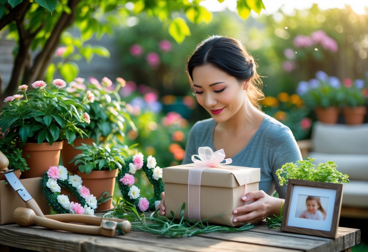 A mother holding a wrapped gift box in a garden surrounded by flowers, gardening tools, and potted plants.