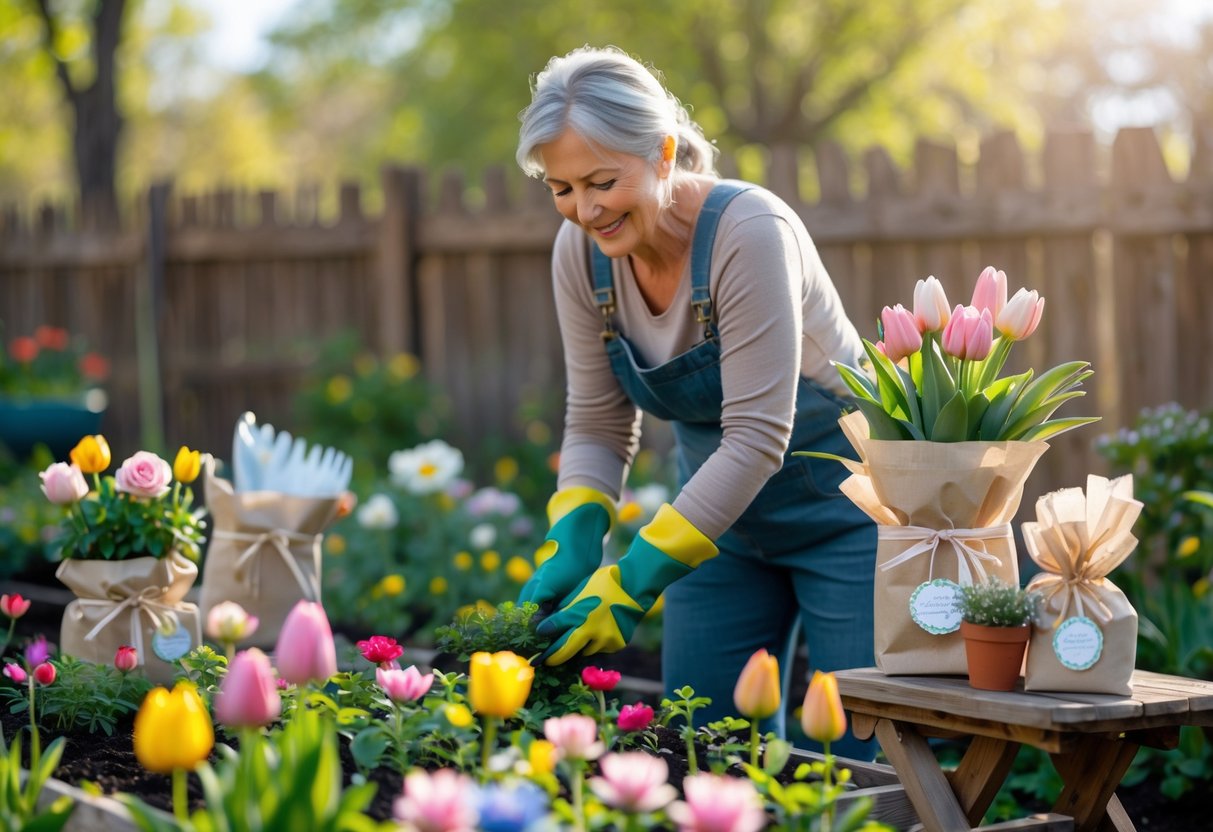 A woman gardening outdoors surrounded by colorful flowers and thoughtful gift items like a potted plant, garden tools, and a flower crown on a wooden table.