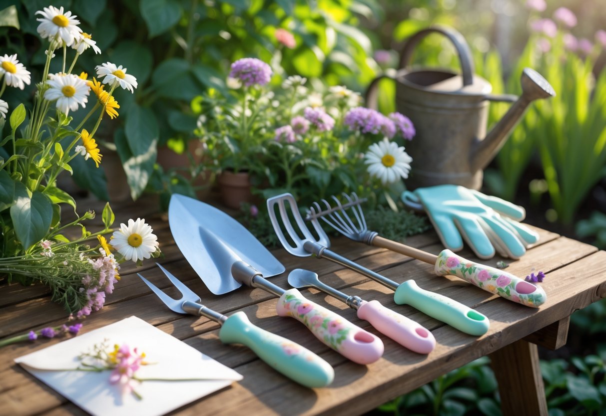 A wooden table in a sunlit garden displays pastel-colored garden tools, gloves, fresh flowers, and a watering can surrounded by green plants.