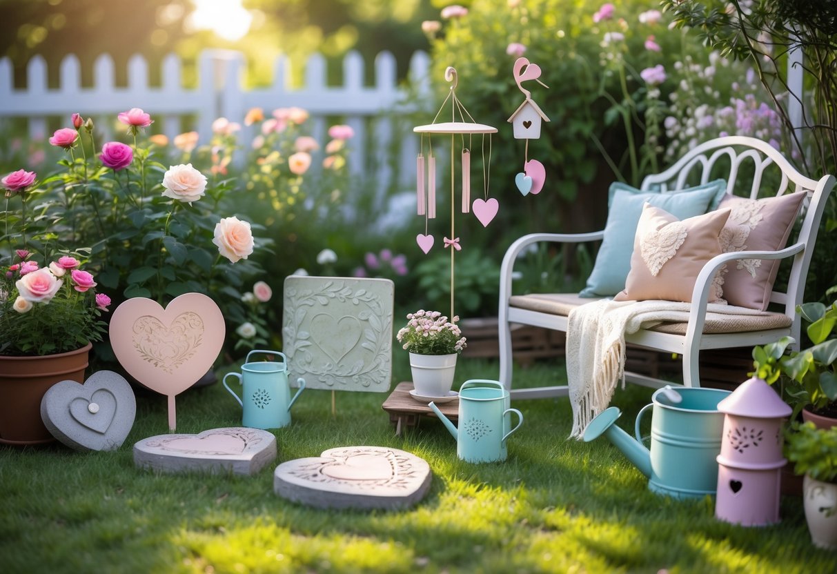 A sunlit garden with blooming flowers, handcrafted garden ornaments, a cozy bench with cushions, and lush greenery.