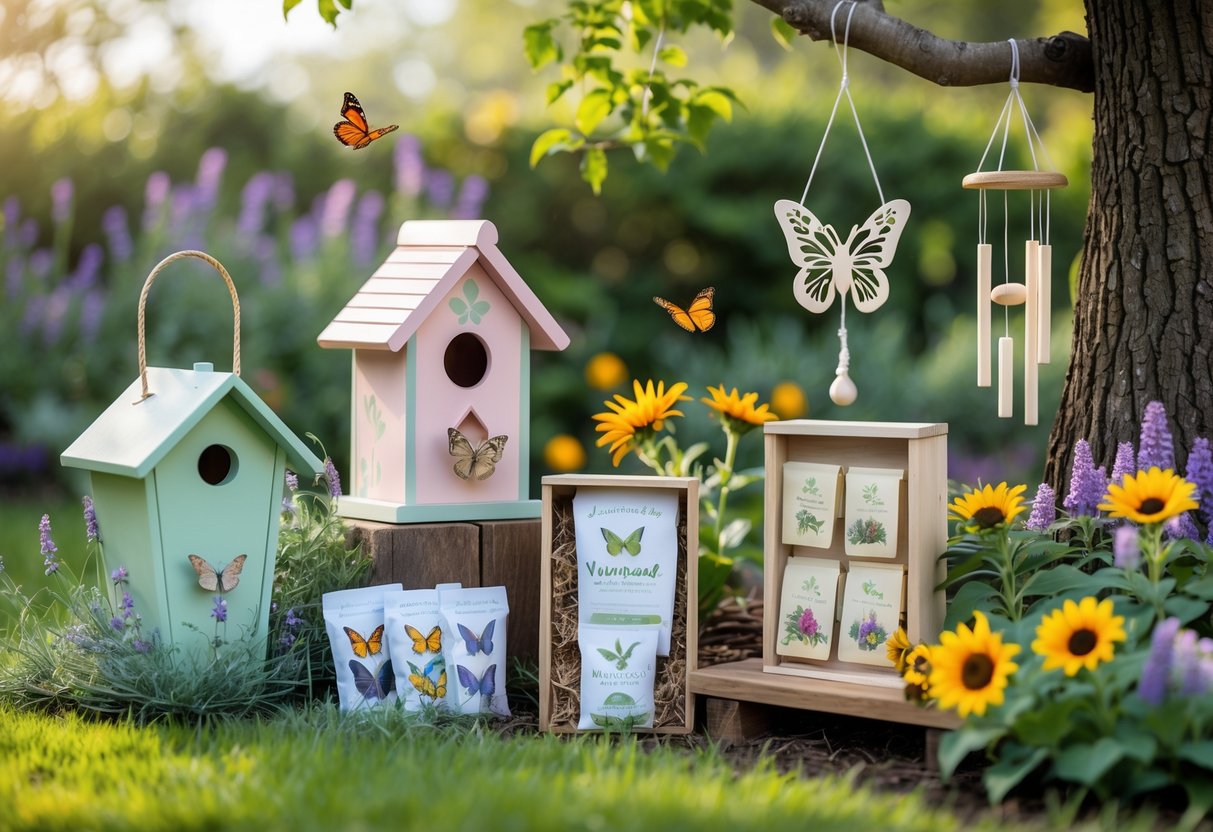 A garden scene with wildlife-friendly gifts including a birdhouse, butterfly feeder, seed packets, and hummingbird feeder surrounded by blooming flowers and butterflies.