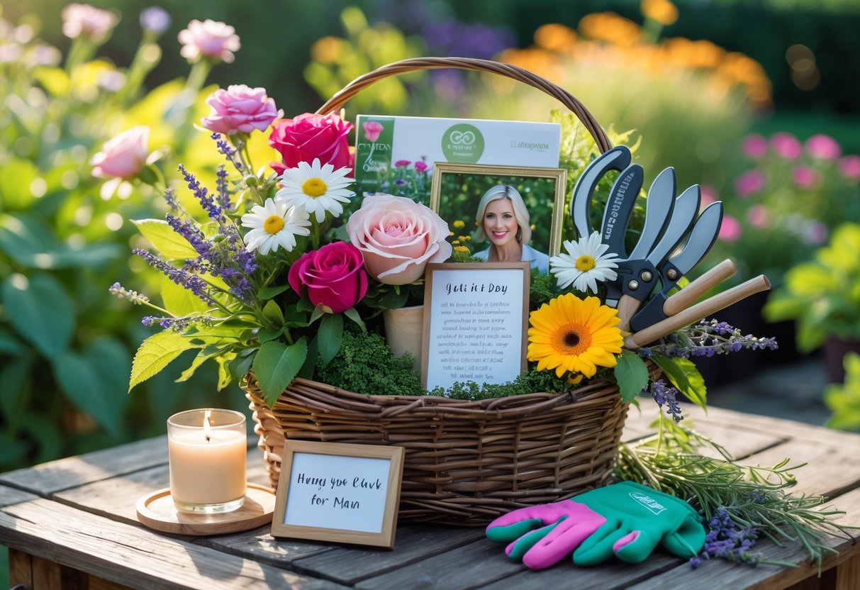 A garden gift basket filled with flowers, gardening tools, and sentimental items on a wooden table in a sunny garden.