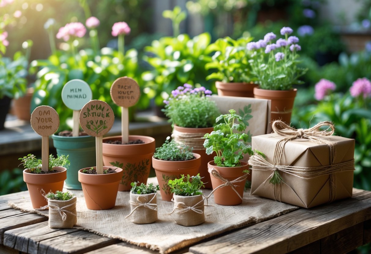 A rustic wooden table in a garden displays handmade plant markers, personalized terracotta pots, potted herbs, and a wrapped gift box surrounded by green plants and flowers.