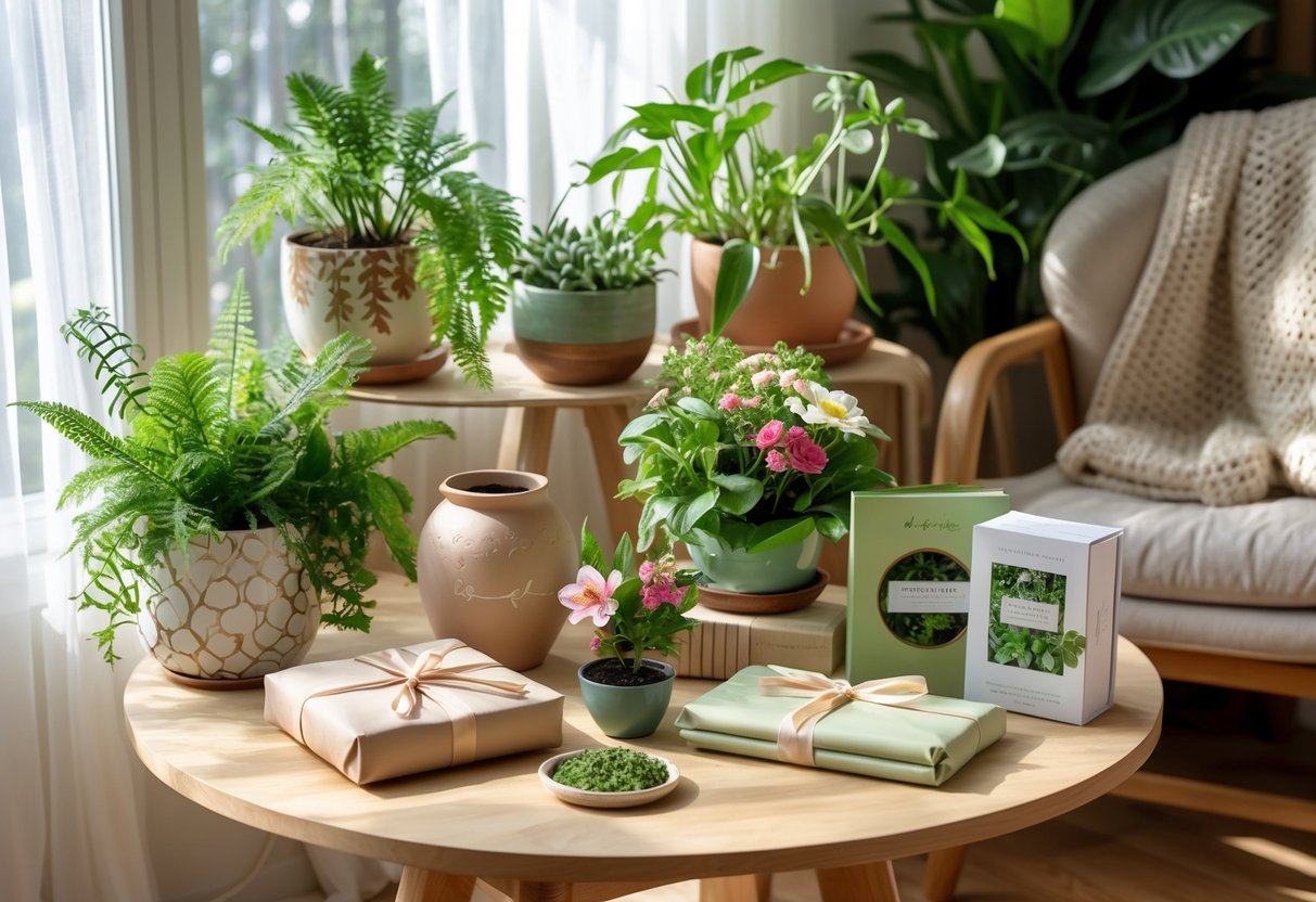 A cozy indoor scene with houseplants, wrapped gifts including a ceramic planter and gardening journal, a bouquet of flowers, and an herb garden kit on a wooden table by a sunlit window.