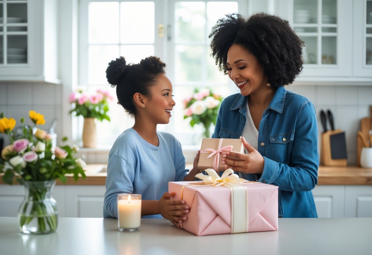 A mother and adult child exchanging a practical but thoughtful gift in a bright kitchen, sharing a warm and happy moment together.