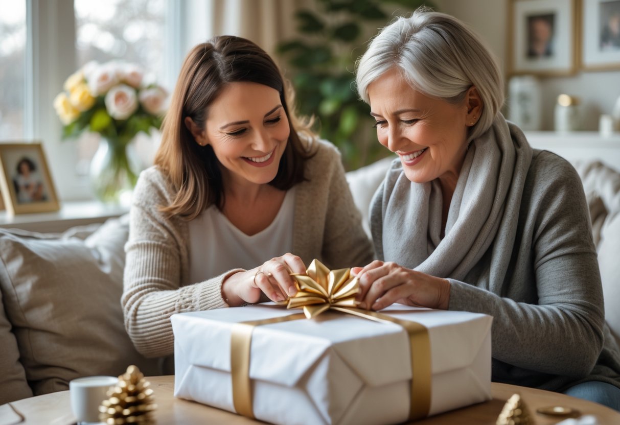 A mother and adult child sharing a warm moment as the mother unwraps a practical gift in a cozy living room.