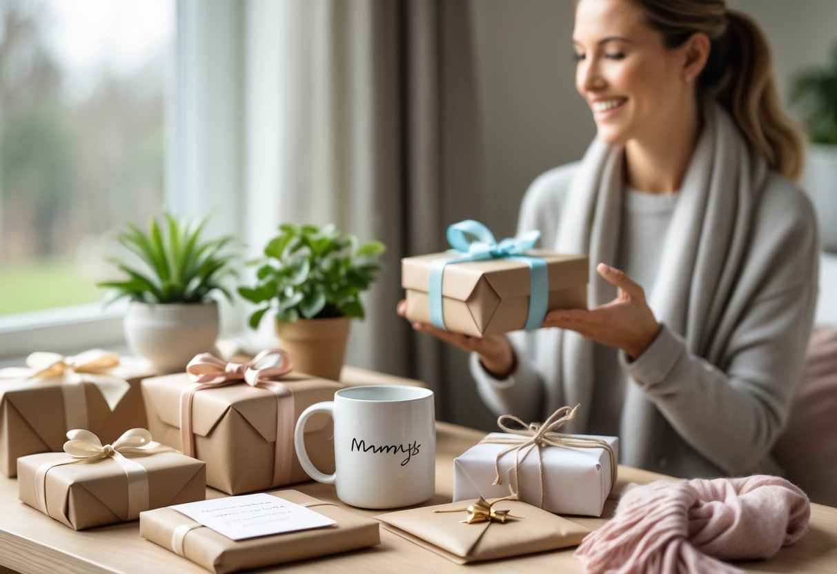 A woman holding a gift at a table filled with practical and personal Mother's Day presents like a mug, plant, card, and scarf.