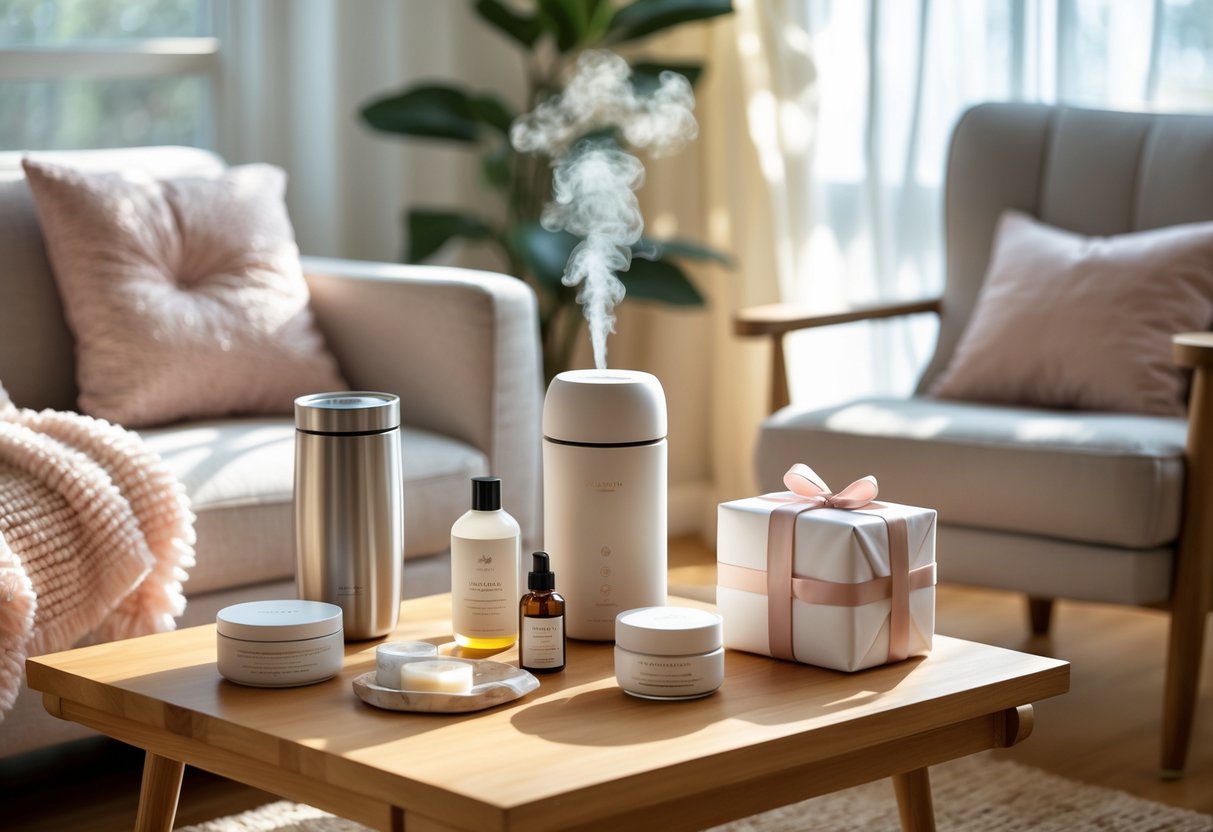 A cozy living room scene with practical and elegant Mother's Day gifts arranged on a coffee table, including a throw blanket, travel mug, aromatherapy diffuser, skincare products, and a wrapped gift box.