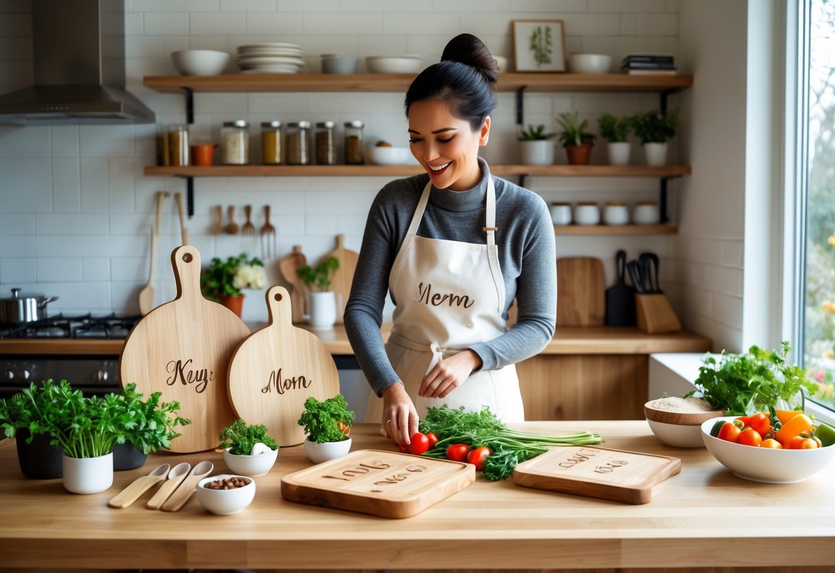 A mother arranging personalized kitchen gifts like engraved cutting boards and monogrammed aprons on a wooden countertop in a bright kitchen.