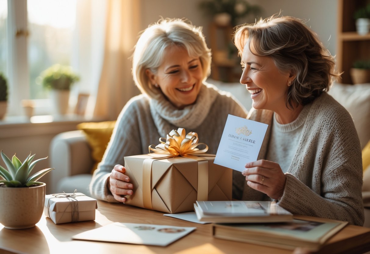 A mother and adult child sharing a joyful moment as the mother opens a gift box in a cozy living room filled with thoughtful presents.